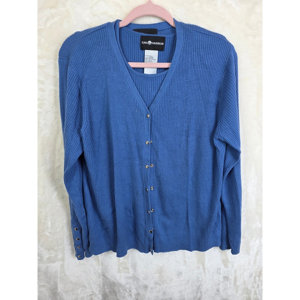 Sag Harbor Blue Ribbed Knit 2 Piece Cardigan and Shell Sweater Set‎ Large 553368